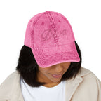 Embroidered Vintage Dad Cap — Distressed Grey Baseball Hat with Pink Script