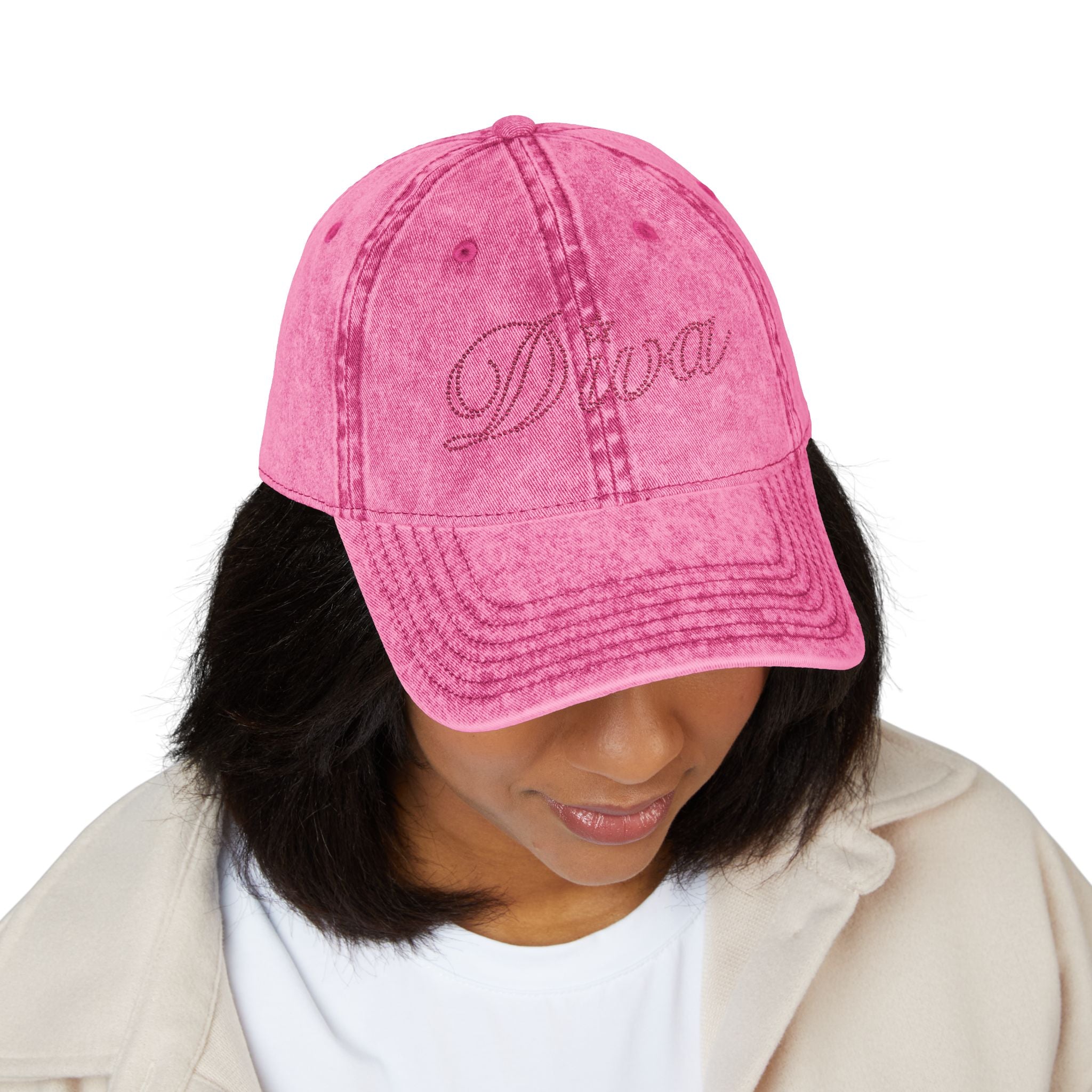 Embroidered Vintage Dad Cap — Distressed Grey Baseball Hat with Pink Script