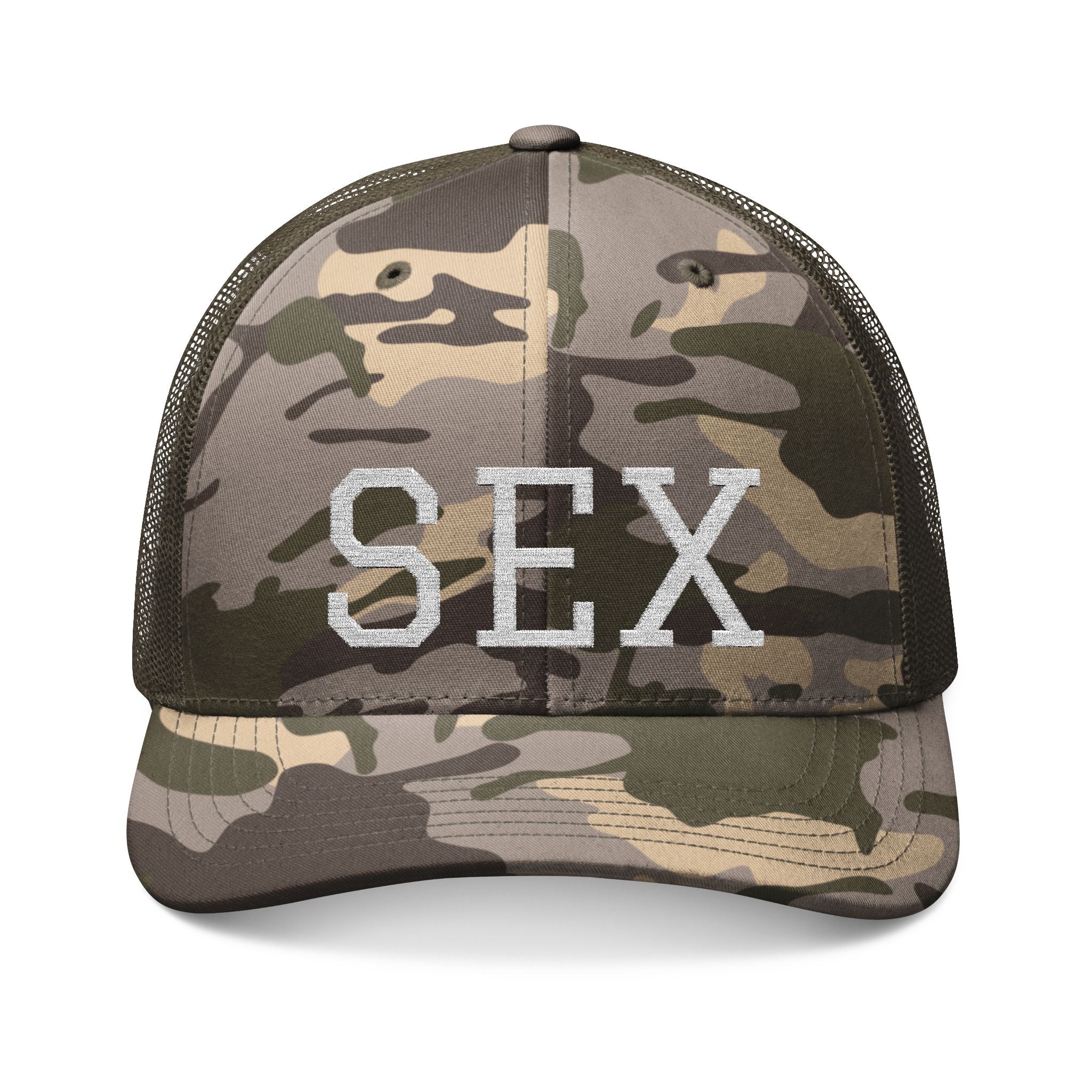 Camo Trucker Hat — Embroidered 'SEX' Patch Cap