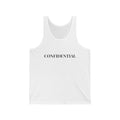 Confidential Tank Top — Minimalist White Graphic Jersey Tank