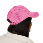 Embroidered Vintage Dad Cap — Distressed Grey Baseball Hat with Pink Script
