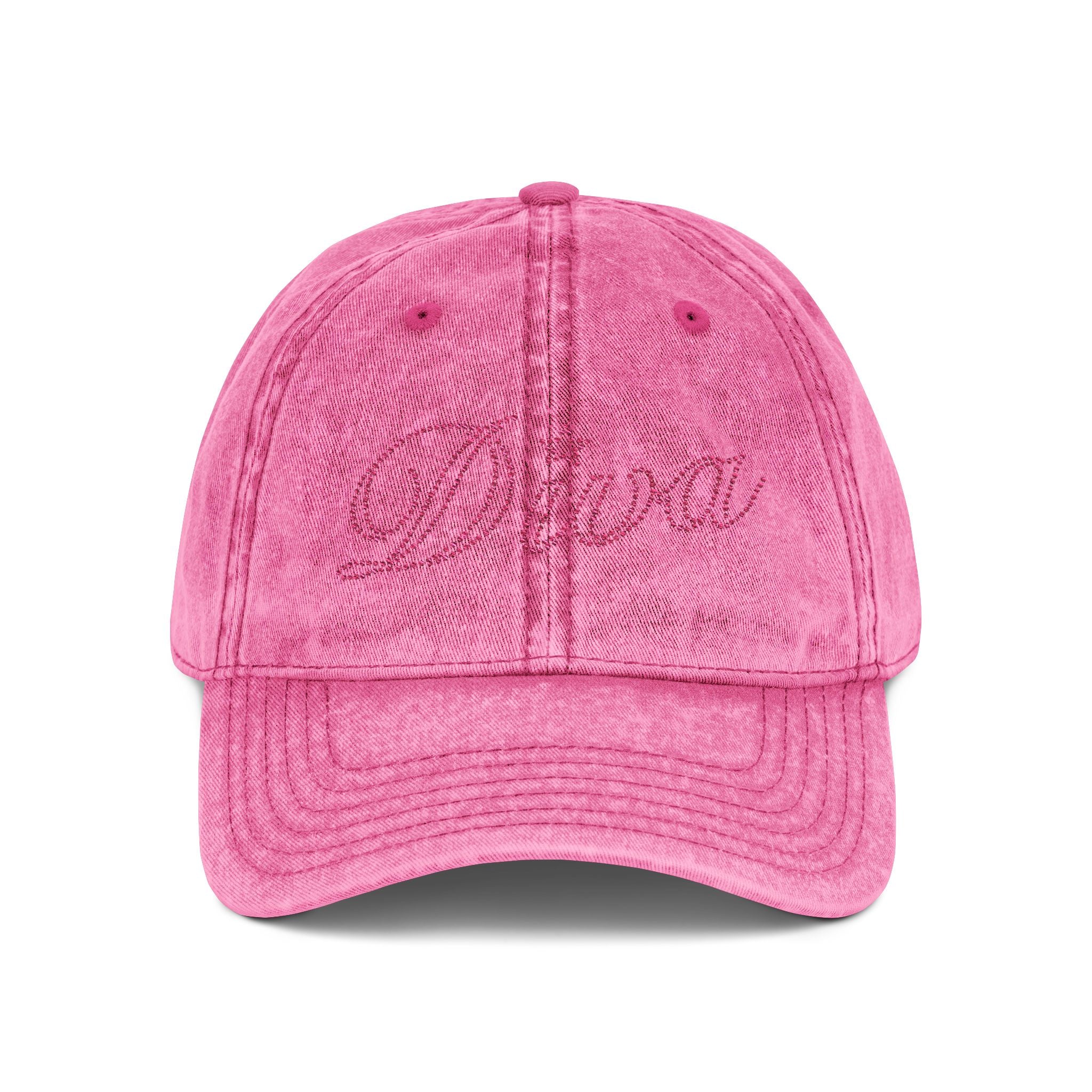 Embroidered Vintage Dad Cap — Distressed Grey Baseball Hat with Pink Script