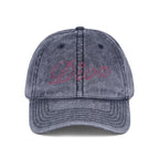 Embroidered Vintage Dad Cap — Distressed Grey Baseball Hat with Pink Script