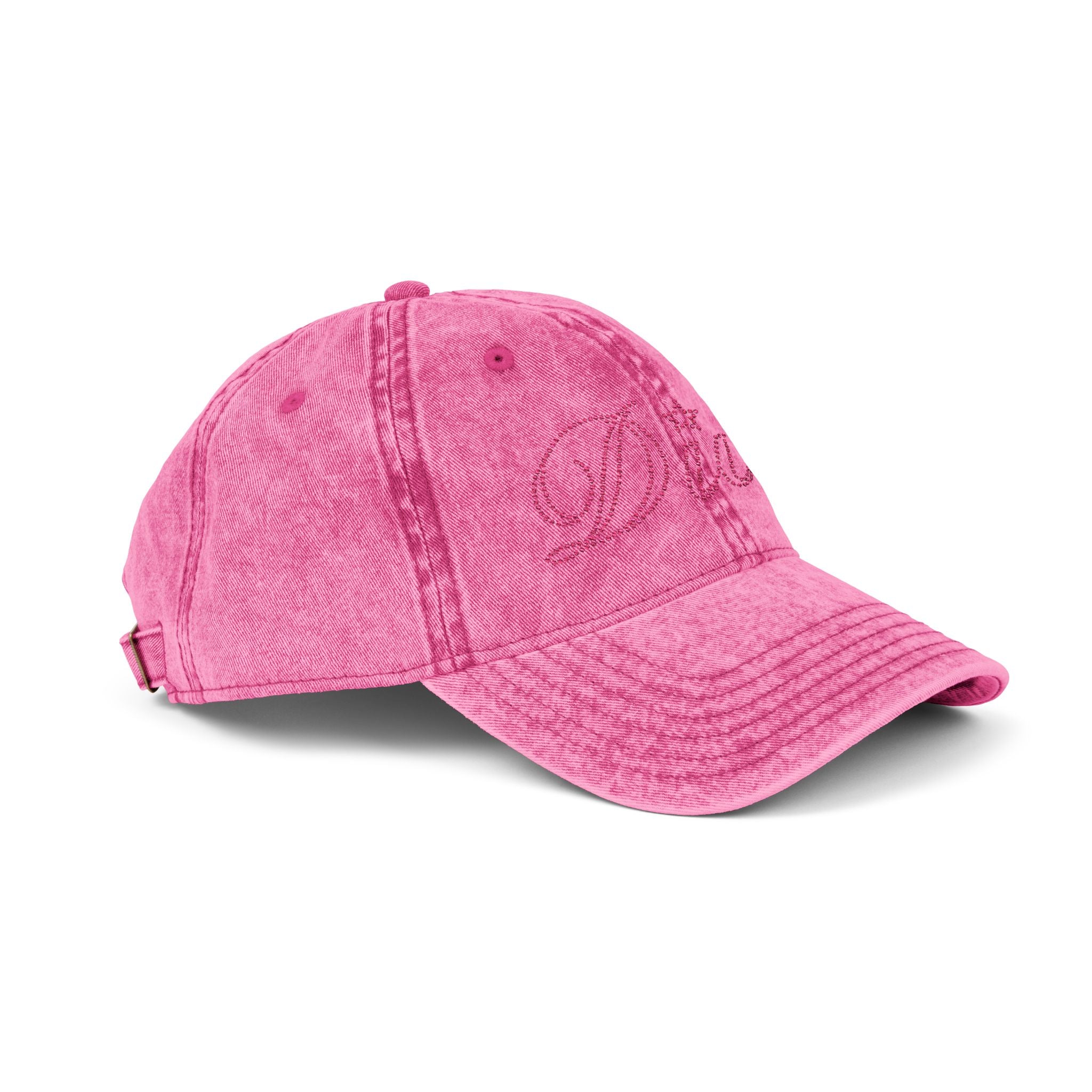 Embroidered Vintage Dad Cap — Distressed Grey Baseball Hat with Pink Script