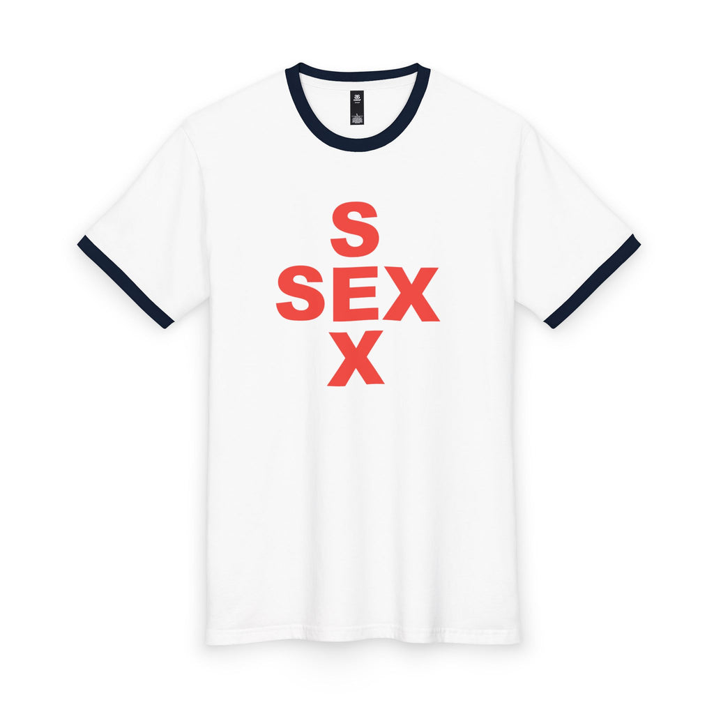 Ringer Tee — Bold 'S SEX X' Graphic Tee (Retro Red Print)