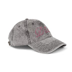 Embroidered Vintage Dad Cap — Distressed Grey Baseball Hat with Pink Script