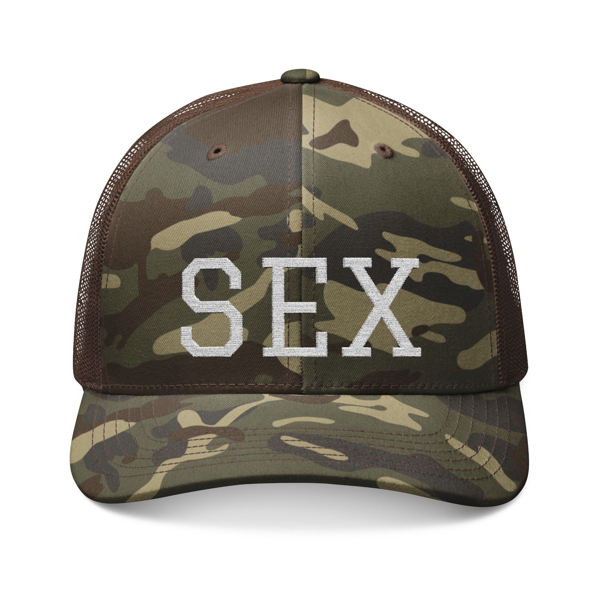 Camo Trucker Hat — Embroidered 'SEX' Patch Cap