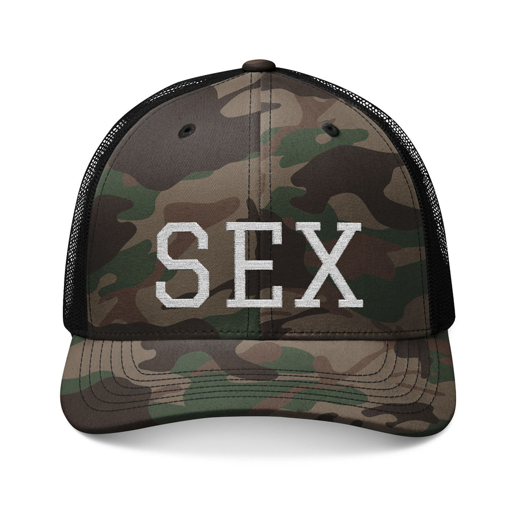 Camo Trucker Hat — Embroidered 'SEX' Patch Cap