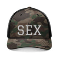 Camo Trucker Hat — Embroidered 'SEX' Patch Cap