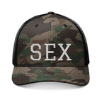 Camo Trucker Hat — Embroidered 'SEX' Patch Cap
