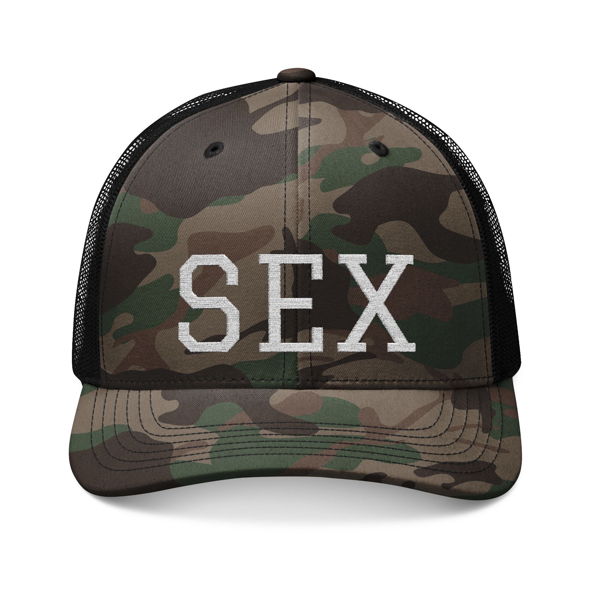 Camo Trucker Hat — Embroidered 'SEX' Patch Cap