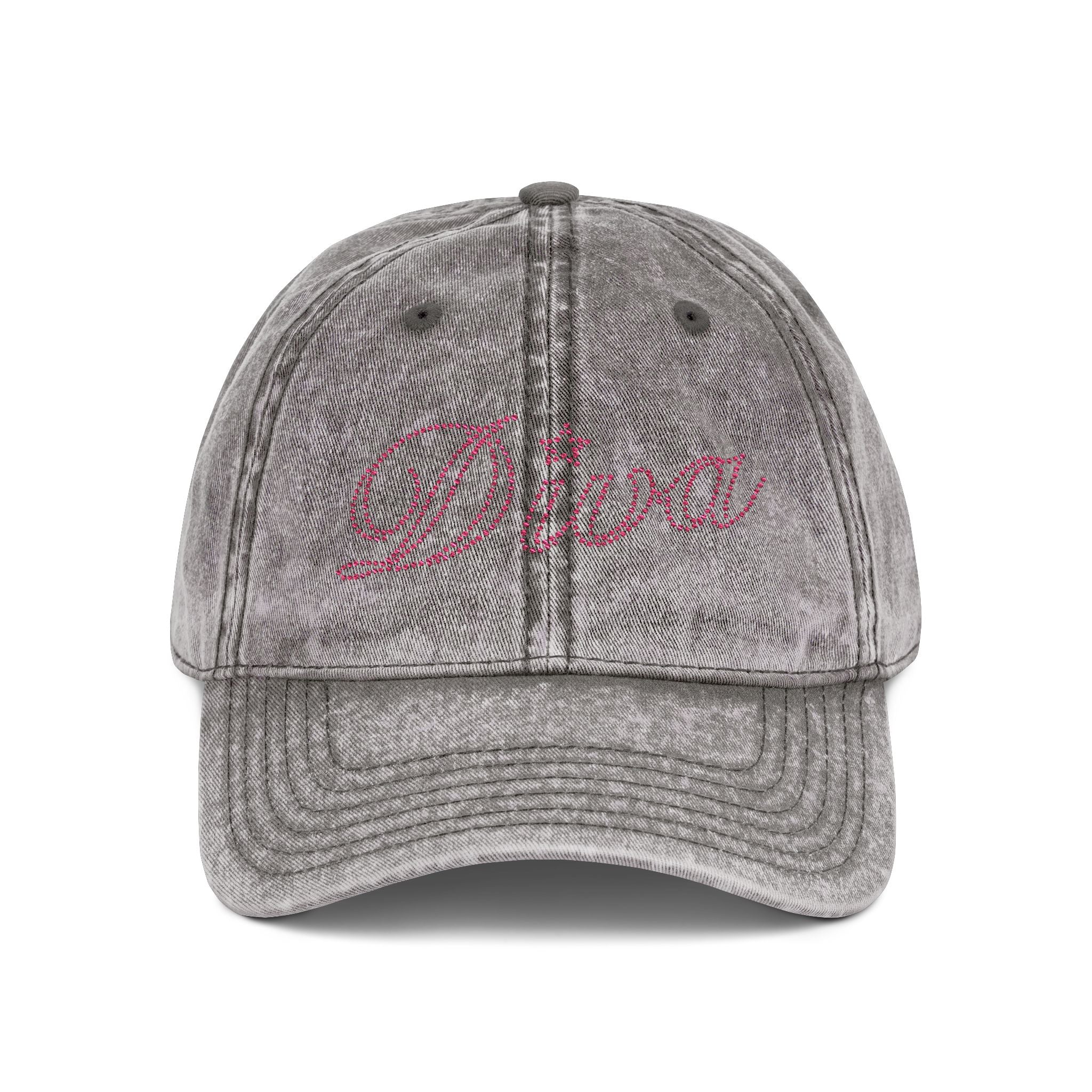 Embroidered Vintage Dad Cap — Distressed Grey Baseball Hat with Pink Script