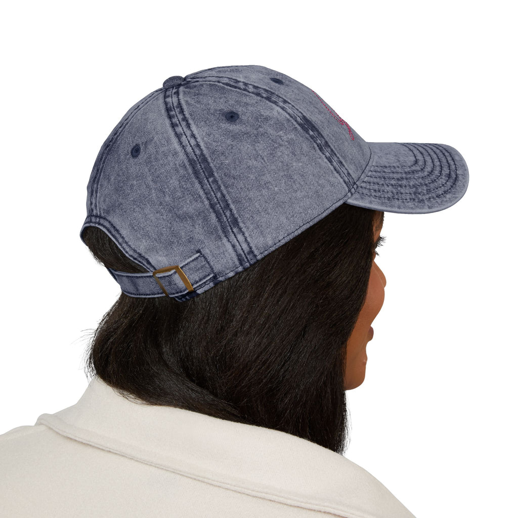 Embroidered Vintage Dad Cap — Distressed Grey Baseball Hat with Pink Script
