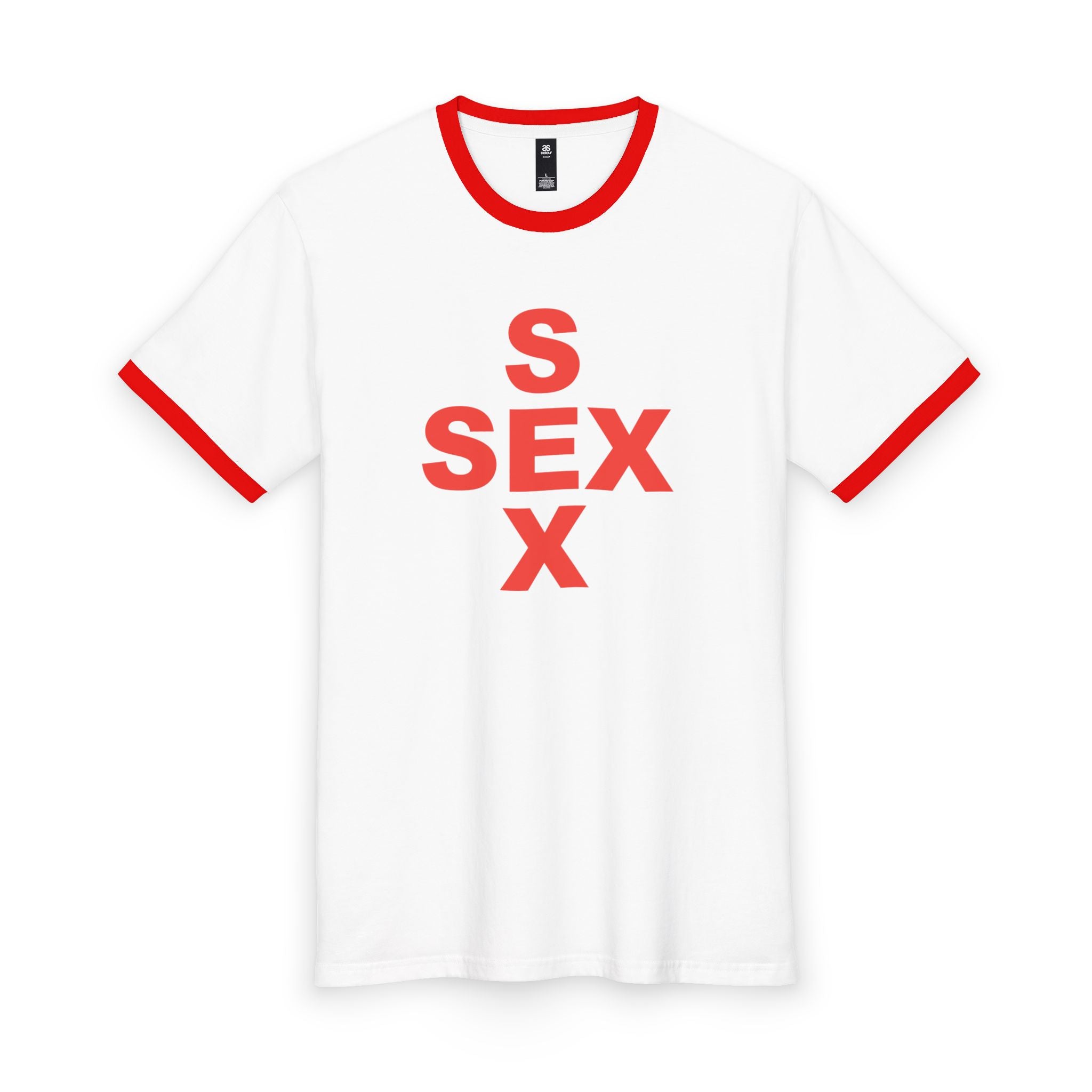 Ringer Tee — Bold 'S SEX X' Graphic Tee (Retro Red Print)